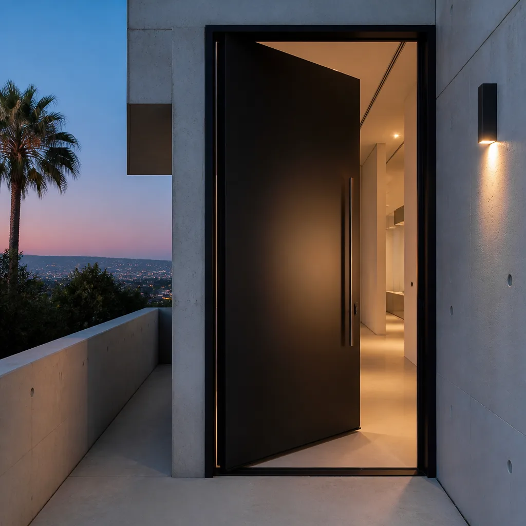 Modern black pivot door installation in a minimalist concrete luxury home.