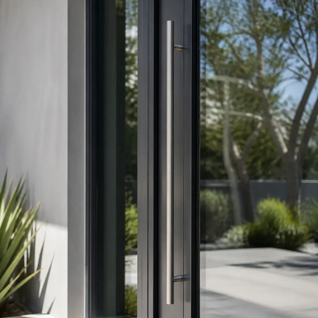Modern glass door with professional metal handle installation