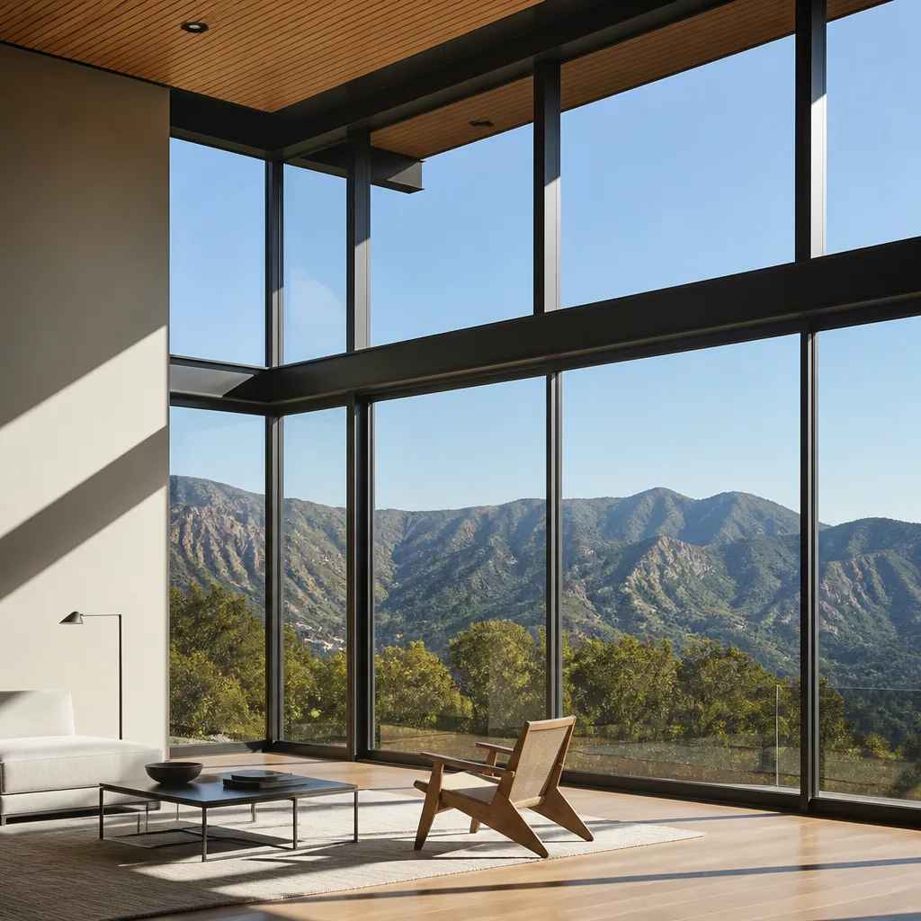 Modern floor-to-ceiling panoramic glass windows in a luxury living room