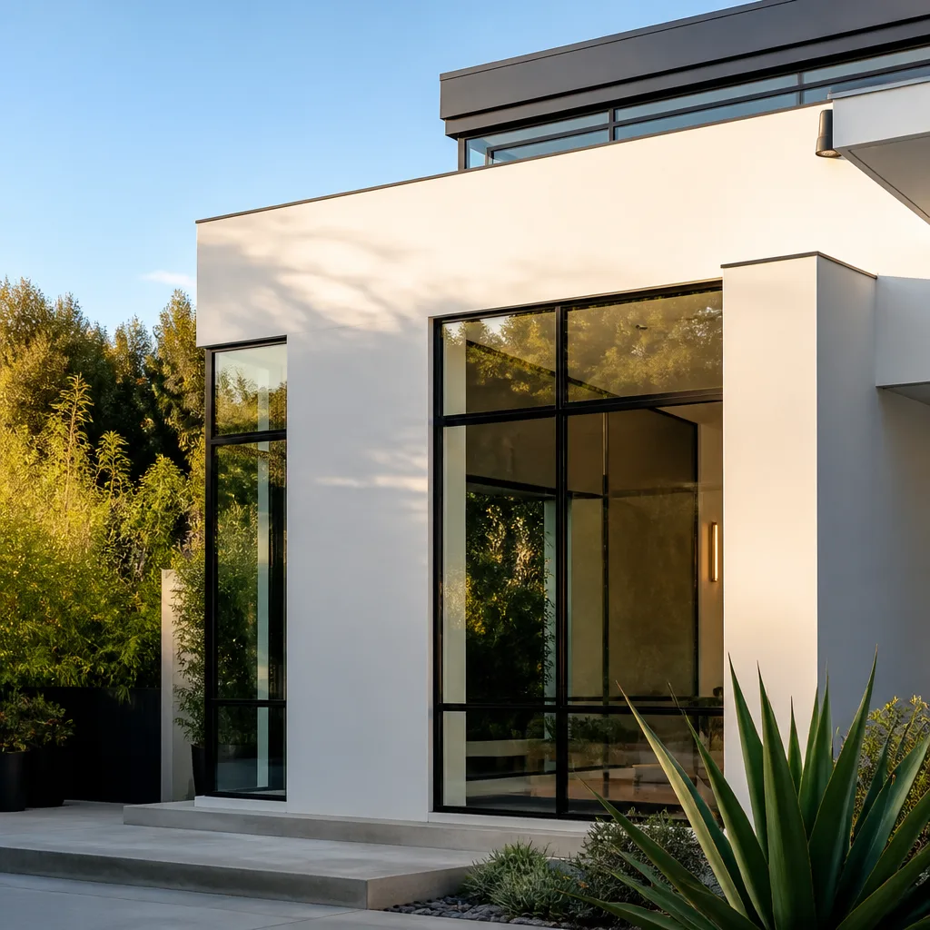 Modern residential home exterior with sleek black frame windows and doors