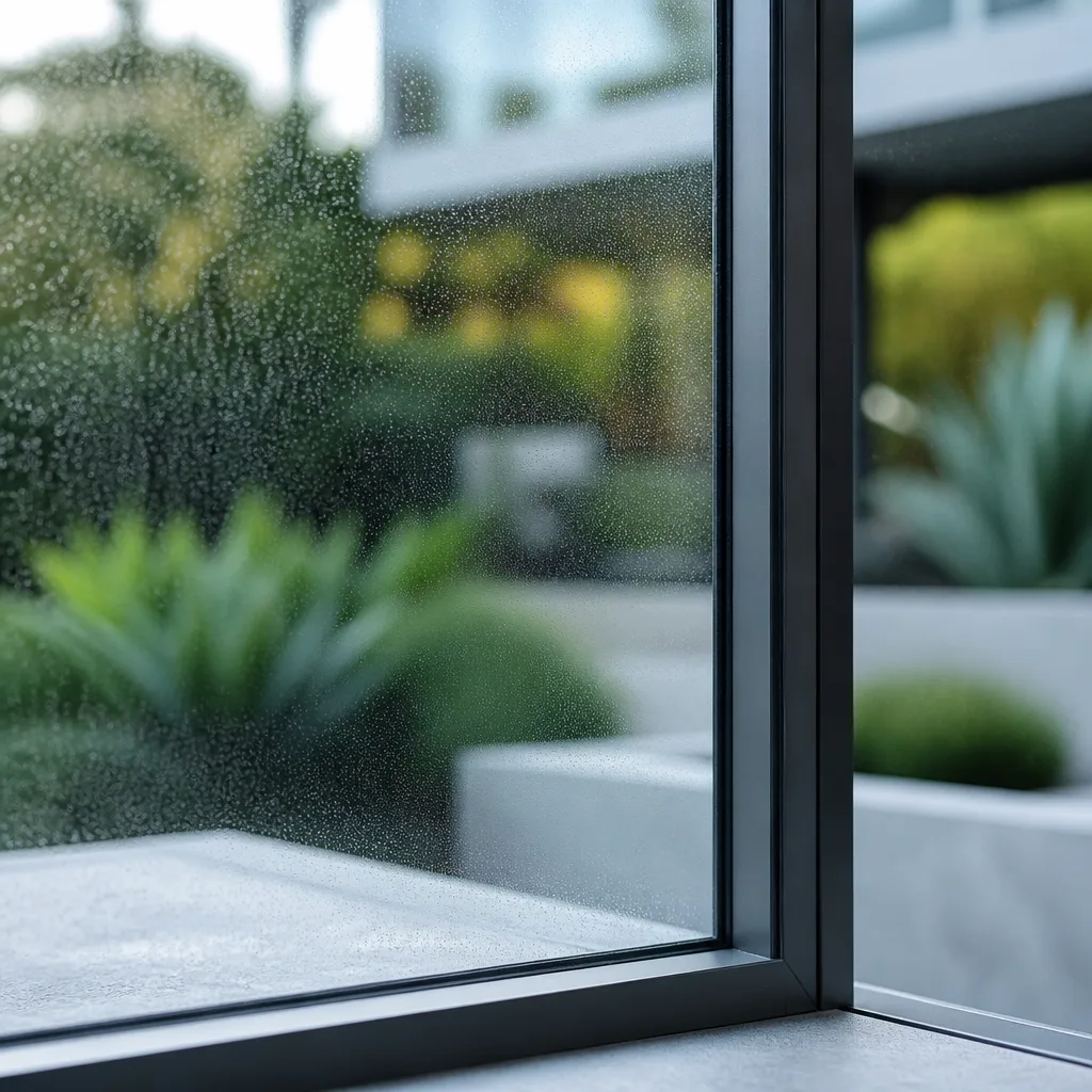 Modern window installation with sleek black frame overlooking a landscaped garden