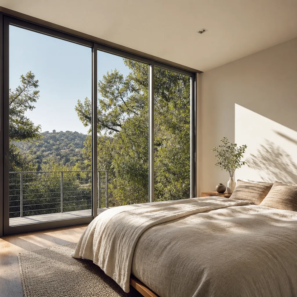 Modern floor-to-ceiling sliding glass doors in a sunlit bedroom